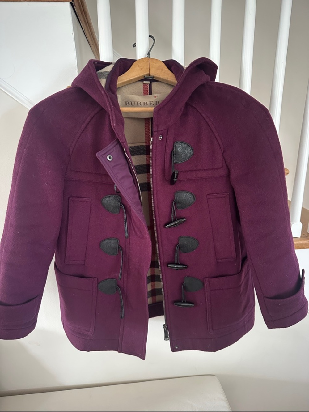 Burberry Plum Wool Toggle Pea Coat with Hood